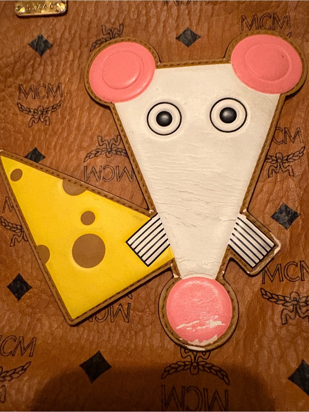 MCM Cognac Year of the mouse Visetos Tote with Yellow Cheese & Pink Mouse Patch - Picture 3 of 14